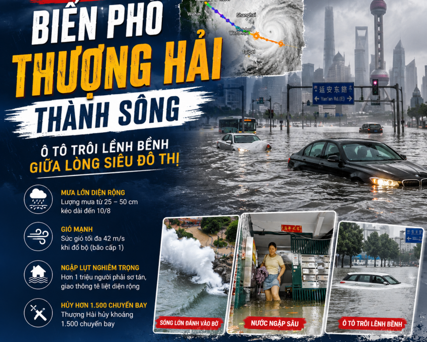 Bão Dolphin khiến Thượng Hải ngập lụt, ô tô trôi giữa phố